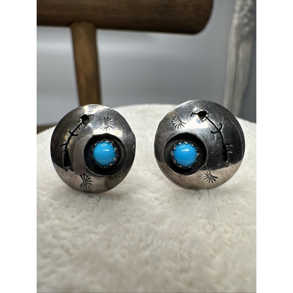 VTG Native American Style Sterling Silver Concho Stud Earrings Turquoise Western